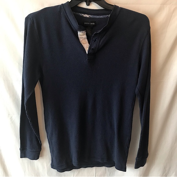 Pierre Cardin Long Sleeved Waffle Knit Navy Blue Henley Shirt Size Small - Picture 1 of 5